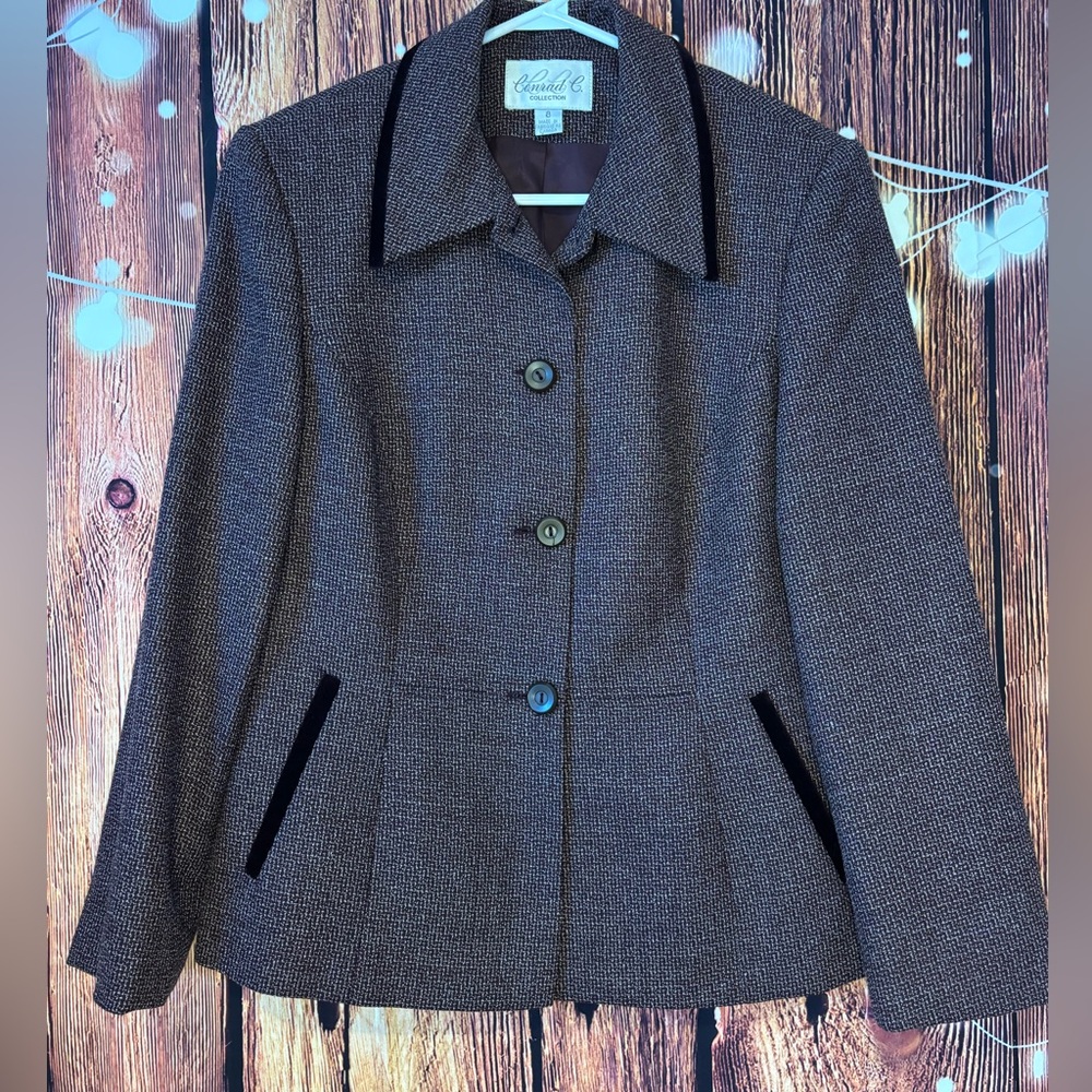 Conrad C Collection Deep Plum Tweed Blazer with Velvet Detail